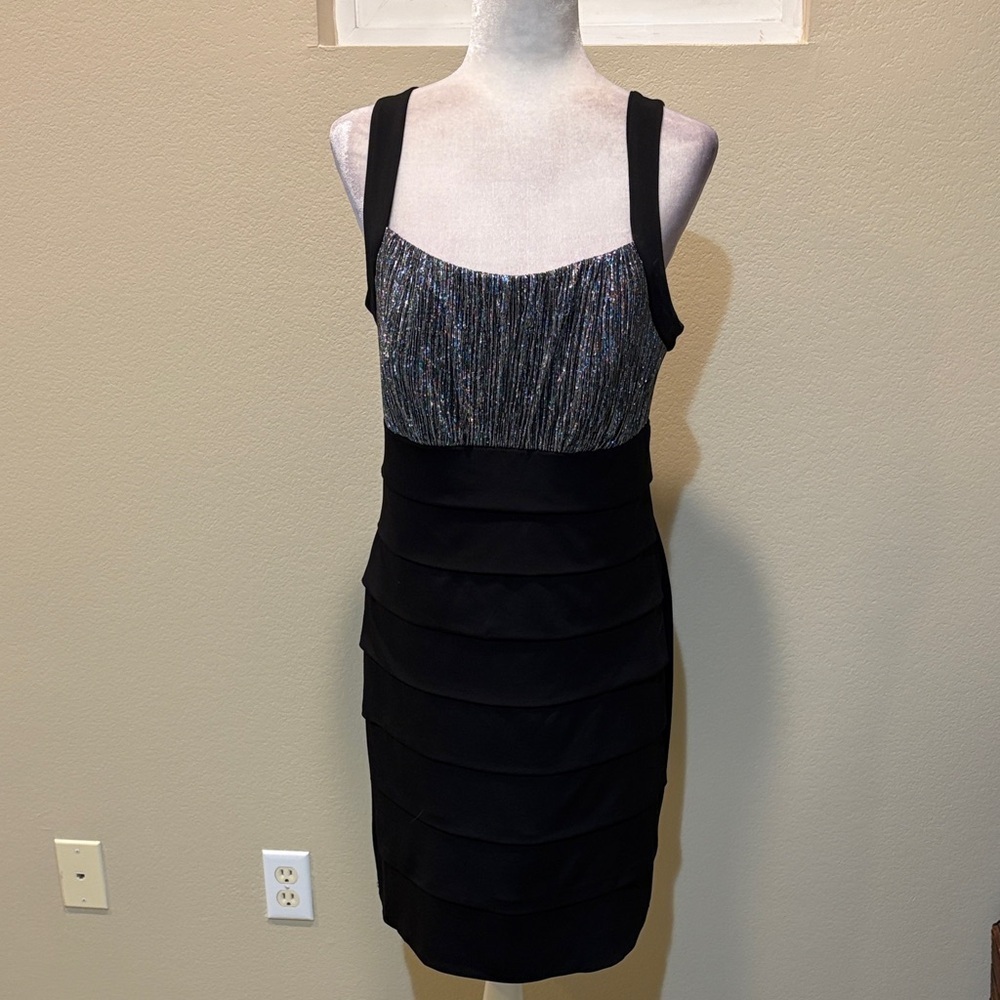 Elegant Black and Silver Women's Dress with Layered Front-Size 14